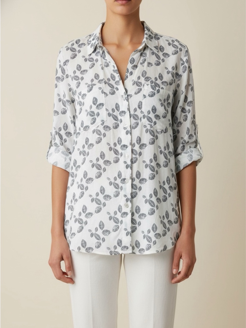 Women's White Printed Button-Front Shirt